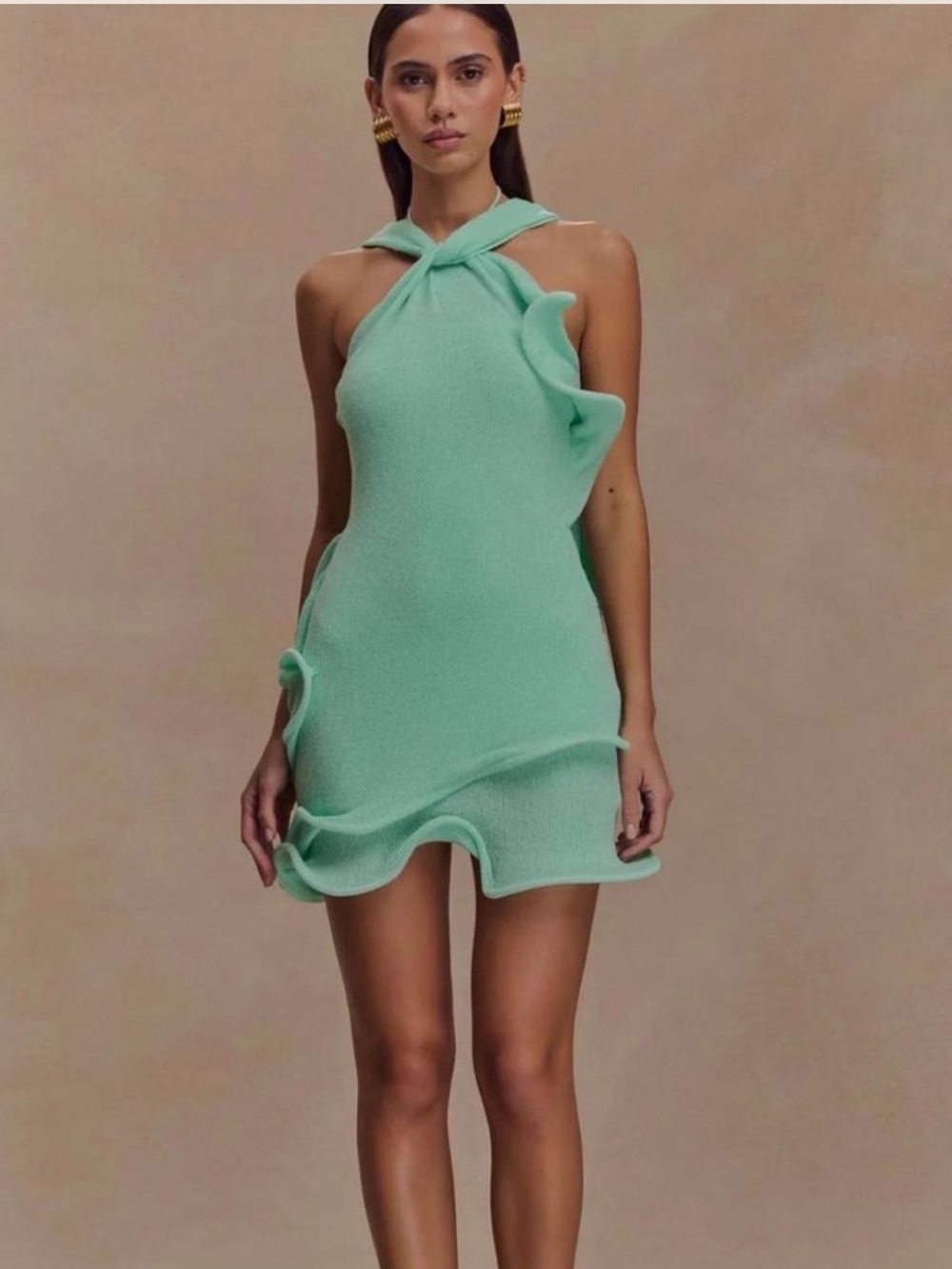 Meshki Mint Twist Halter Ruffle Mini Dress